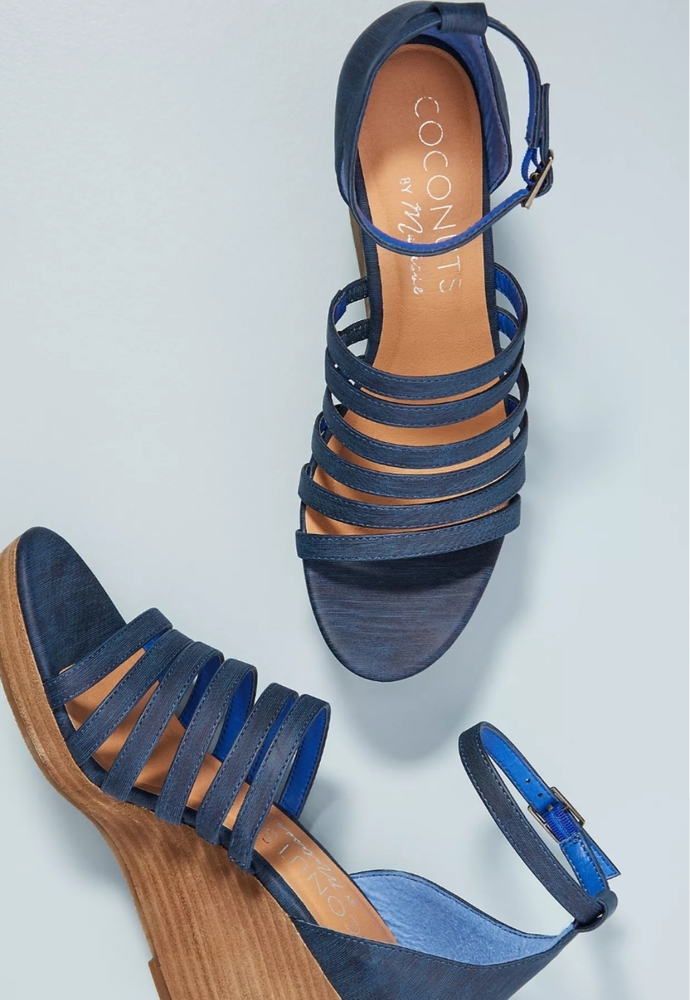 Anthropologie Navy Blue Strappy Leather Wedge Sandals - Picture 2 of 9
